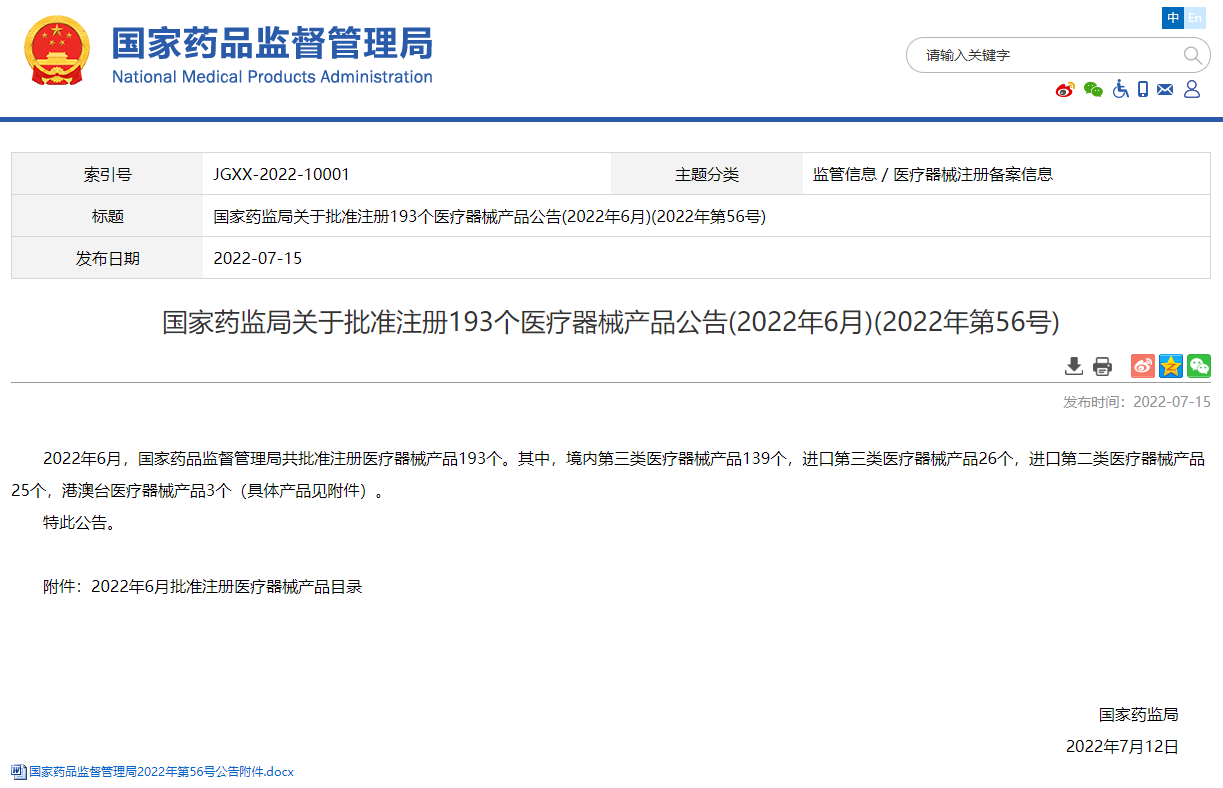 國家藥監(jiān)局2022年6月份批準注冊193個醫(yī)療器械產(chǎn)品，看看你家的通過了嗎?